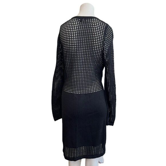 Missguided 14 Black Crochet Bodycon Dress Waffle Waist Long Sleeve Open Knit - Picture 3 of 5